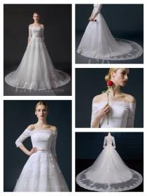 wedding photo -  Off-the-shoulder Half Sleeves Lace Appliques A-line Wedding Dress