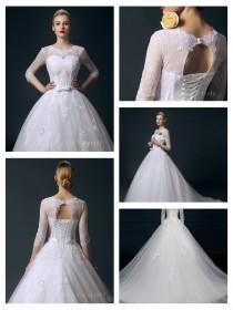 wedding photo -  Illusion Three-Quarter Sleeves Bateau Neckline Ball Gown Wedding Dress