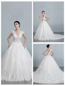 wedding photo -  Cap Sleeves V-neck Lace Appliques Ball Gown Wedding Dress