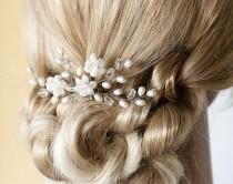 wedding photo -  White hair pin, Bridal hair accessories, Pearl hair pins, Crystal hair accessory, Wedding hair pin, bridal hair flowers, Silver hair pins.