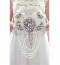 wedding photo - BROOCH BOUQUET Ready to ship 9"  ivory color, silver jeweled with crystals and bling jewlery for wedding