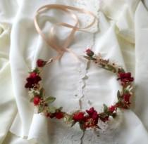 wedding photo - Gorgeous Red Woodland Hair Wreath Flower Crown Winter Weddings Bridal party dried floral garland accessories flower girl halo