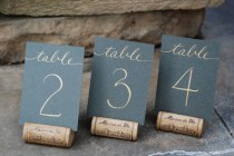 wedding photo - Reserved For Amanda - 15 3.5 X 5" Flat Wedding Table Numbers - Hand Calligraphy In Gold On Slate Card Stock