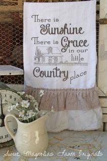wedding photo - Flour Sack Kitchen Towel... Farmhouse Cottage Chic Southern Saying Country Style Ruffles "Our Country Place"