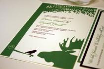 wedding photo - SAMPLE Moose and Bird Pocketfold Wedding Invitation, Green, Brown, Red, Blue, Pink, Tree, Bellyband, Sticker, Cream, White, Outdoor, Forest