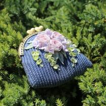 wedding photo - Crochet floral coin purse, blue crochet small pouch with a crocheted bouquet with hand dyeing flowers, micro crochet, crochet art  