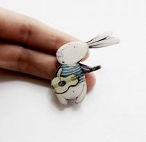 wedding photo - Bunny Rabbit Hare With a Guitar Brooch pin Bunny Jewelry Rabbit Lovers Gift for Guitar Players Tiepin  Breastpin Scarfpin Sunburst (0183)