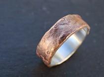 wedding photo - bronze ring silver band, mens wedding ring bronze, richly structured ring bronze engagement ring, cool mens ring bronze, wood grain ring