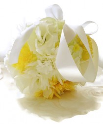 wedding photo - Fabric flower pomander, Yellow and white pomander, fabric flower kissing ball, wedding accessories, flowergirl pomander, bridesmaid pomander
