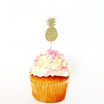 wedding photo - 12 Gold Glitter Pineapple Cupcake Toppers.  Bachelorette Party. Engagement Party Decor. Baking Tools. Party Supplies. Party Decor. Paper.