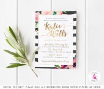 wedding photo - Floral Bridal Shower Invitation, Pink, Black, Gold, Stripes, Watercolor [140]