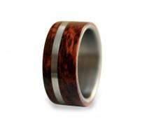 wedding photo - Titanium mens ring off-center band with snakewood