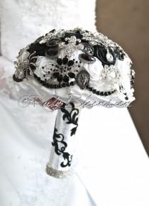 wedding photo - Black and White Wedding Brooch Bouquet. Deposit "Fleur De Lis", New Orleans Heirloom Bouquet. Bridal Broach Bouquet, Ruby Blooms Jewelry