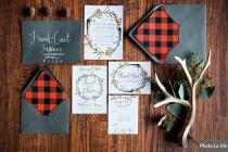 wedding photo - Woodsy Rustic Wedding Invitation Set, With Invitations & RSVP Cards, Hippie Chic Rustic Wedding, Flannel Plaid Paper Lined Envelopes