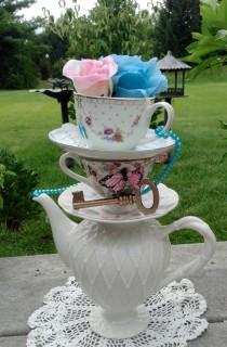 wedding photo - PINK or BLUE? Stacked Teapot & Teacup Centerpiece - Pearls, Key, Butterflies, Rose - Alice in Wonderland Baby Shower, Mad Hatter Tea Party
