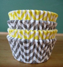 wedding photo - Yellow And Gray Chevron Cupcake Liners - Set Of 40 - Chevron Baking Liners