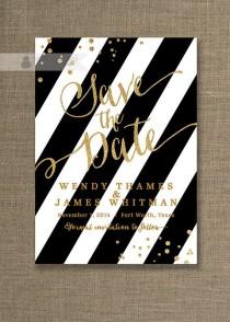 wedding photo - Gold Glitter Save The Date Invitation Black & White Stripe Gatsby Confetti Save The Date FREE PRIORITY SHIPPING Or DiY Printable - Wendy