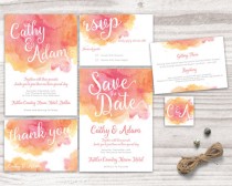 wedding photo -  Printable Wedding Invitation set, Peach and Pink wedding invitation, watercolour Invitation Set, Watercolour Wedding Invite, wedding kit