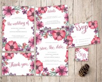 wedding photo -  printable wedding invitation set, peonies wedding invitation, wedding invitation printable, customise wedding suite, purple pink watercolor