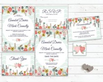 wedding photo -  printable wedding invitations, mint wedding invite, floral invite printable set, flowers pink peach mint green chevron circle stationary