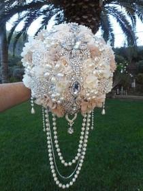 wedding photo - CASCADING BROOCH BOUQUET- Deposit Only For Glamorous Custom Draping Pearl Jeweled Wedding Bouquet, Brooch Bouquet
