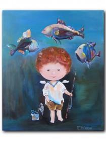 wedding photo - Fisherman, Original Acrylic Painting Gift for Him Home décor Angels painting Wall art canvas painting Art and Collectibles Painting acrylic