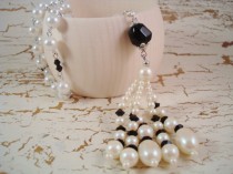 wedding photo -  Flapper White Black Pearl Tassel Necklace - Downton Jewelry