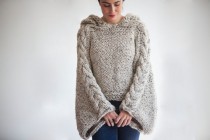 wedding photo - Tweed Beige Angel Sweater Capalet with Hoodie - Over Size Plus Size Tweed Beige Cable Knit by Afra