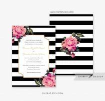 wedding photo - Black & White Wedding Invitation - Printed, Pink Gold Floral Invite Rose Striped Modern Formal Kate Engagement Party Winter Boho Bridal 