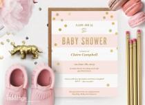 wedding photo - Printable Baby Shower Invitation  // Pink Stripes with Gold Dots // Editable Instant Download
