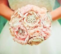 wedding photo - Fabric flower brooch bouquet . Vintage Wedding . Optional feather trim . Pink ivory champagne peony roses in ANY COLOR