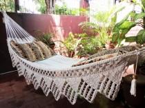 wedding photo - One Color Beige Single Hammock Hand-Woven Natural Cotton Triangle Fringe