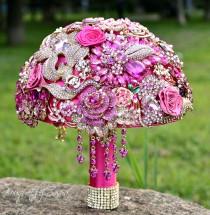 wedding photo - Fuchsia Gold Wedding Brooch Bouquet, Pink Jewelry Bridal Bouquet, Purple Rhinestone Bouquet,  Wedding Decor Bouquet, Luxury Gold Bouquet