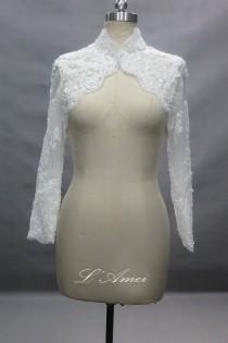 wedding photo - Long Sleeve French Lace Bridal Bolero Shrug Wedding Jacket Available in Ivory-White or Pure White