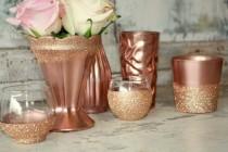 wedding photo - Rose Gold wedding decor,  6 rose Gold dipped vintage vases and votive candle holders, table decorations, rose gold, glitter, upcycled