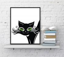 wedding photo - Cat print, Beautiful Black cat, Cat wall art, Baby Nursery, Sly cat, Funny cats , Cat print, Cat portrait, Painting, Art, Instant download