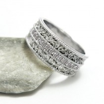 wedding photo - Diamond Filigree Gold Wedding Band, OM Eternity Ring, Patterned Wedding Ring, Full Eternity Diamond Ring.