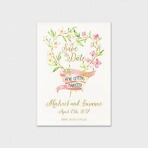 wedding photo - Save The Date Printable Invitation Watercolor Heart Wreath Pink Blossoms Wedding Stationary Wedding Printable Pink Banner 5x7 Digital File