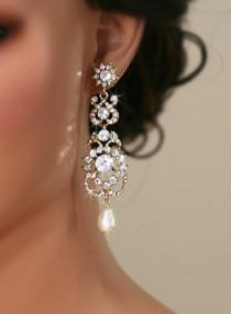 wedding photo - Vintage Inspired Gold  Bridal Earrings, Wedding Jewelry, Swarovski Earrings, Chandelier Earrings, Art Nouveau - Leonie
