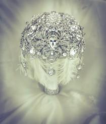 wedding photo - Very Vintage Wedding Gatsby Brooch Bouquet. Deposit on Feather Diamond  Draping Jeweled Crystal Broach Bouquet