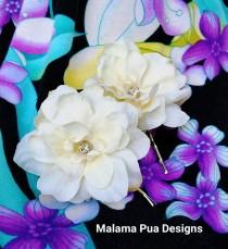 wedding photo - SILK HAIR FLOWERS - Pair of Ivory Hawaiian Delphiniums, Beach Wedding Hair Pins, Fascinator, Headpiece, Crystal Center, Silk flower clip