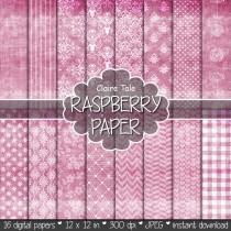 wedding photo - Shabby chic digital paper: "RASPBERRY SHABBY CHIC" with raspberry damask, crosshatch, flowers, lace, polka dots, stripes, hearts, gingham