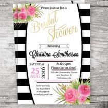 wedding photo - Inspired Black and White Stripe Bridal Shower Invitation, Black and white bridal shower invitation Watercolor Floral digital download