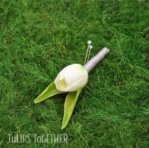 wedding photo - White Real Touch Tulip Boutonniere - Ready to Ship for Your Wedding - Customize Your Real Touch Tulip Boutonniere for Your Wedding Colors