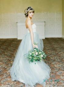 wedding photo -  H1538 Pastel blue grey colored woodland tulle wedding dress