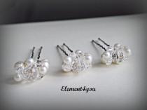 wedding photo - Ivory hair pins, Bridal Bridesmaid hair do, French Chignon hair pins, Pearls crystals clusters, Set of 3, Silver gold wire, Flower girl gift