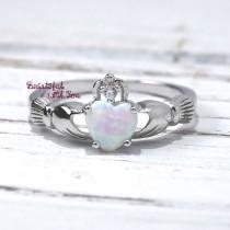 wedding photo - Opal Claddagh Ring, Traditional Irish Ring, Celtic Design, White Opal Lab Created Silver Promise Ring, Girls, Anniversary Gift, Fede Rings