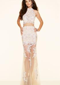 wedding photo -  Ruched Sheath White High-neck Two-piece Appliques Tulle Floor Length Sleeveless