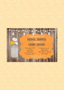 wedding photo - PRINTABLE or PRINTED Beautiful Rustic Mason Jar Bridal Shower Invitation.  Rustic Wood and Daisy Invite.  Picture in Orange and Brown.