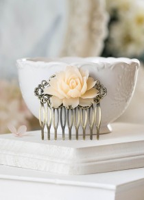 wedding photo - Ivory Rose Hair Comb Antiqued Brass Filigree Comb with Ivory Rose Floral Bridal Hair Comb Bridesmaid Gift Flower Girl Gift Rustic Vintage